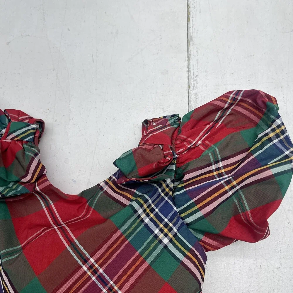 Janie and Jack Dress Girls 2T Red Green Plaid Tartan Holiday Party Puff Sleeve - Picture 2 of 7